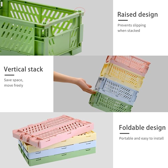 4 Pack Pastel Crates for Storage, Plastic Folding Basket, Colorful Small Storage Containers for Bedroom Office Classroom Bathroom Desktop Drawer Organizer Decor (9.8x6.5x3.8inch)