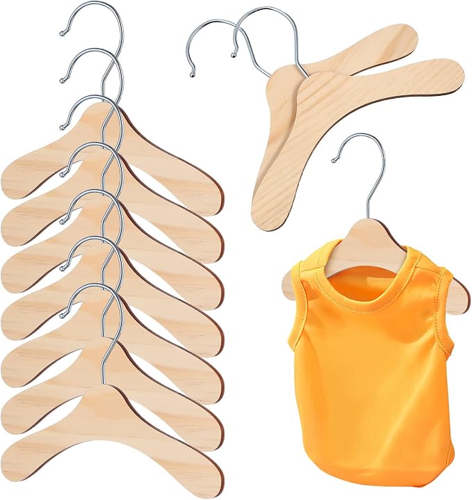 10pcs Wooden Pet Clothes Hangers for Dogs, Sturdy Wood Material with Stainless Steel Hook, Portable Design to Keep Dogs Clothing Neat and Organized, for Pet Apparel Storage