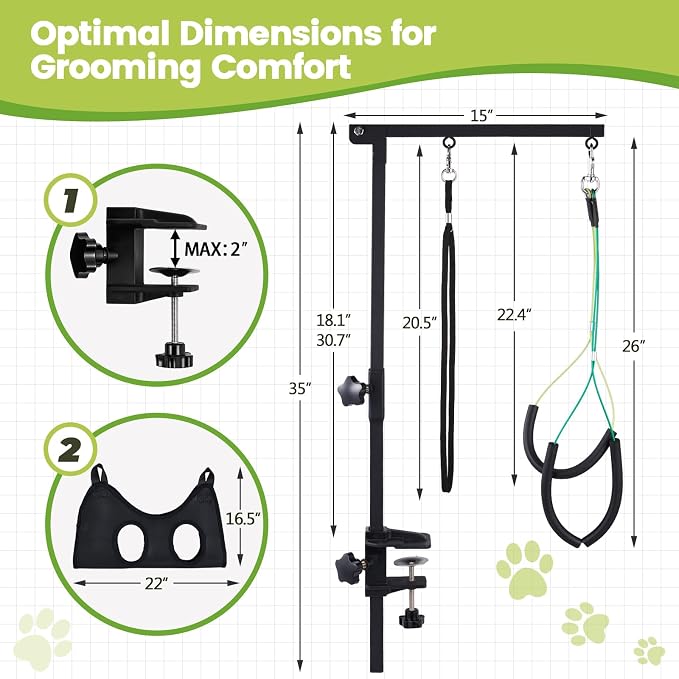 Dog Grooming Table Arm, 35-Inch Adjustable Clamp with Hammock | Adjustable Height, Secure Table Clamp, Hammock & No-Sit Holders, Small & Medium Pets, Grooming Table Not Included