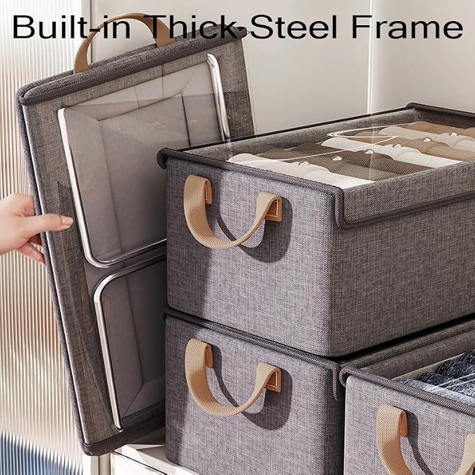 AARAINBOW Closet Clothes Organizer Bins 4 Pc, Fabric Box Storage Shelf Bins Stackable, Foldable Closet Shelf Storage Container with Lid, Fabric Storage Bin with Steel Frame, 23L (4 Gray with Lid)