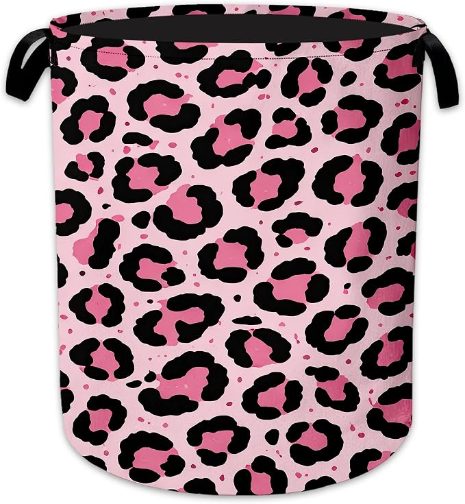 Pink Leopard Laundry Basket Oxford Cloth Laundry Hamper With Handle Foldable Portable Clothes Storage Basket Storage Bag For Laundry Room/Bathroom/Bedroom/Dormitory 20.8"x16"