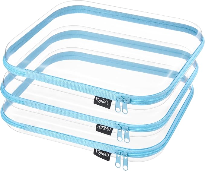 YQBRAO Clear Hard Shell Zipper Cases, 3 Large Travel Organizers, Blue | Rigid 1.2 mm PET and YKK dual zippers for full-size toiletries, makeup palettes, electronics and craft supplies