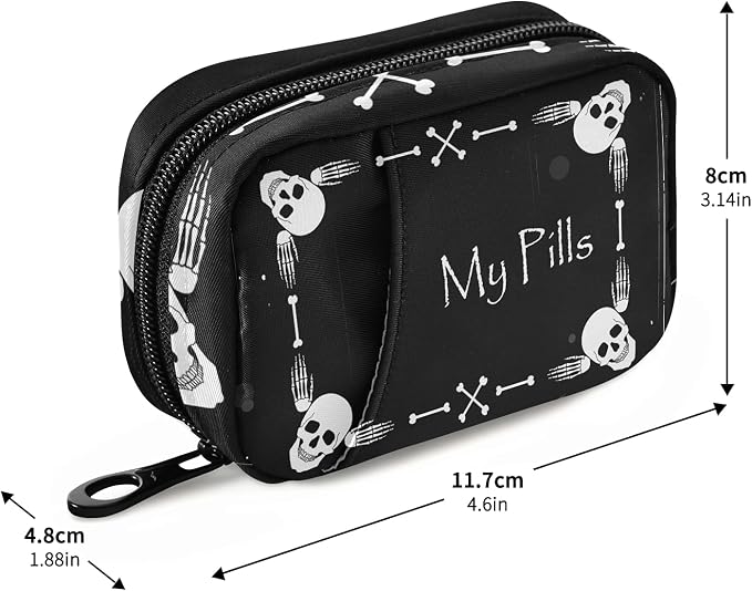 Halloween My Pill Box 7 Day Skull Pill Case Travel Pill Organizer Bag with Zipper Portable Weekly Case Compact Size for Vitamin Supplement Holder