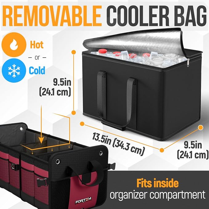 FORTEM Trunk Organizer - Collapsible Car Organizer & Storage Bag for SUVs | Car Accessories for Men & Women, Cooler Bag, Non Slip Bottom, Straps, Soft Cover, 1680D Oxford, 6 Compartments, Red, 110L