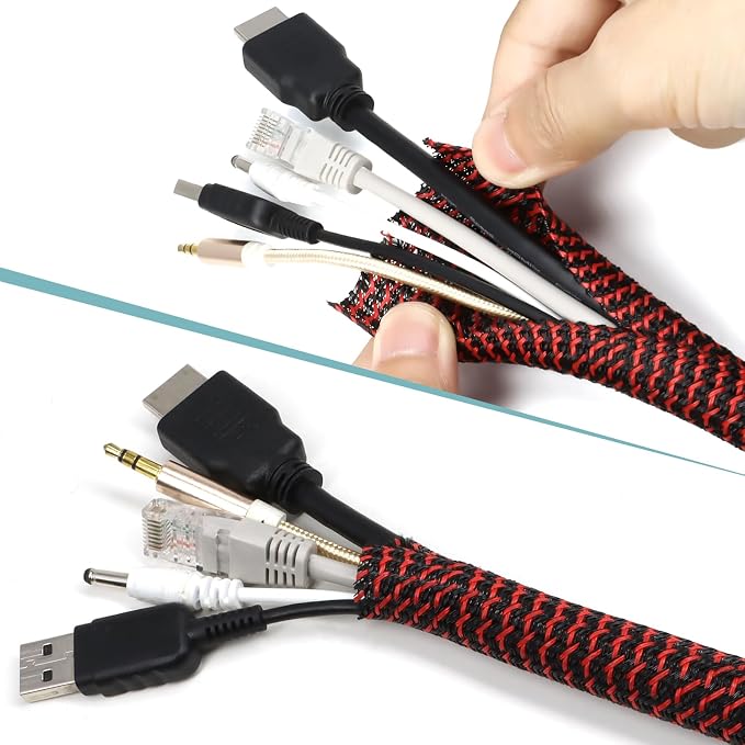 25ft PET Braided Cable Sleeve 3/16 inch(5mm) Wire Protector Cable wrap Wire Covers for Cords Cable Sleeves Cord Management Cable Management Sleeve(Red Black)