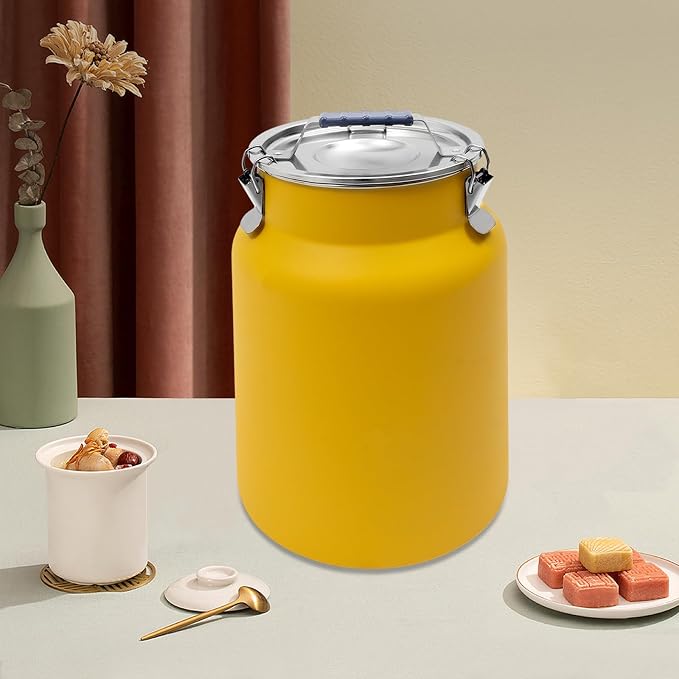 12L Stainless Steel Rice Storage Container with Airtight Lid&Handle, Yellow | Secure 3-Buckle Locking Lid, Portable Handle and Wide Opening, Stores Rice, Flour, Pet Food, Tea, Oil, Milk, Grains