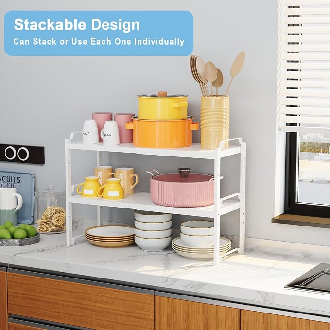 Set of 2 Expandable Kitchen Cabinet Shelves Organizers, Stackable Adjustable Small Storage Shelf Rack Stand For Pantry Cabinet Cupboard Kitchen Counter Organization, 22 lbs Capacity, Length:20.5"