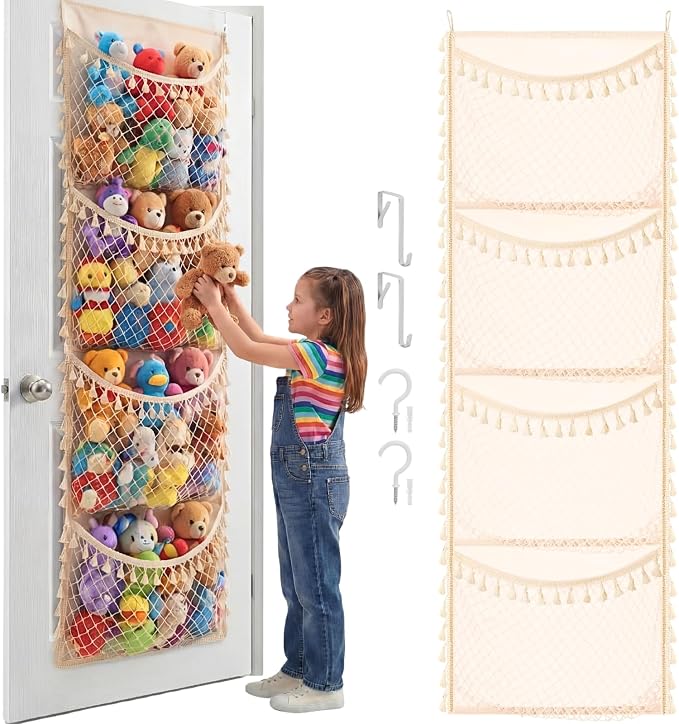 Over The Door Stuffed Animal Storage, Cotton Toy Organizer for Storage Plush Toys,Baby Supplies, Stuffed Animal Holder with 4 Large Pockets, Hanging Door Organizer for Nursery, Bedroom (Tassel)