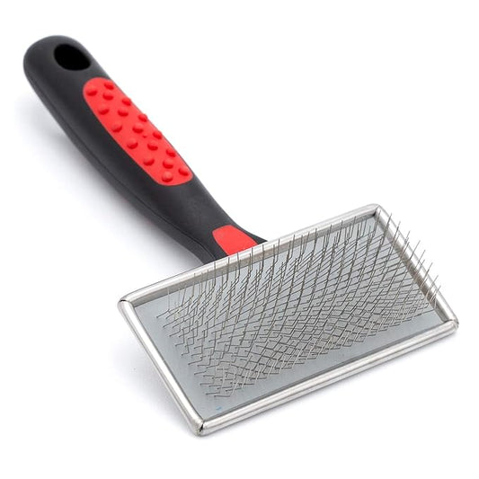 Jeffers Pet Non Slip Slicker Grooming Brush – Soft Flexible Pins, Red & Black Handle. Detangling Grooming Tool for Dogs & Cats w/Short, Long, Thick & Curly Coats, Easy Storage, Travel Size - Medium