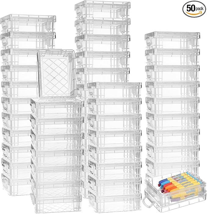 Suzile 50 Pcs Plastic Crayon Box with Lid 4.8 x 3.4 x 1.6, Clear | Small Crayon Storage Containers Bulk, for Office School Classroom, Art Crafts Pen Pencil Organizers, Back to School Supplies
