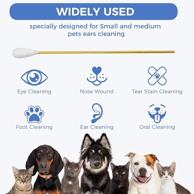 GOLD HONEY 6 Inch Large Cotton Swabs, 100PCS Dog Ear Swabs with Bamboo Handle for Dogs, Pet-Specific, Gentle Design, Lint-Free, Pet Cotton Stick Ear Cleaning