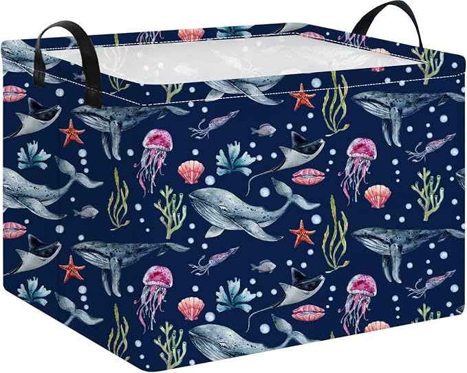 NTAOHAMPER Rectangular Storage Basket Empty,Storage Bin with Handles,Room Decor,Gift Basket,Book Box(Watercolor Ocean)