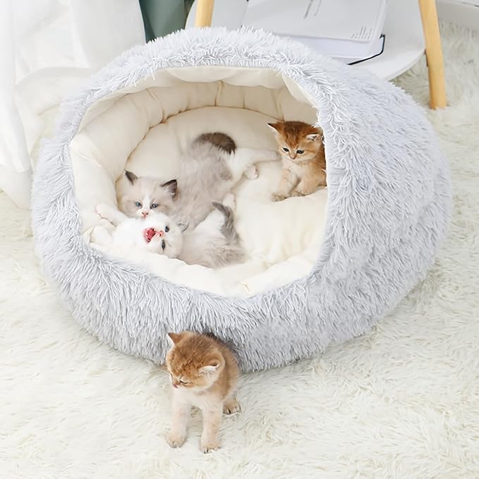 15.8'' Soft Round Plush Faux Fur Pet Bed for Cats or Small Dogs, Anti-Anxiety Cat Bed Puppy Bed, Washable Fluffy Anti-Slip Mute Base, Soft Pet Round Bed, Snooze Sleeping Cozy Kitty Kennel
