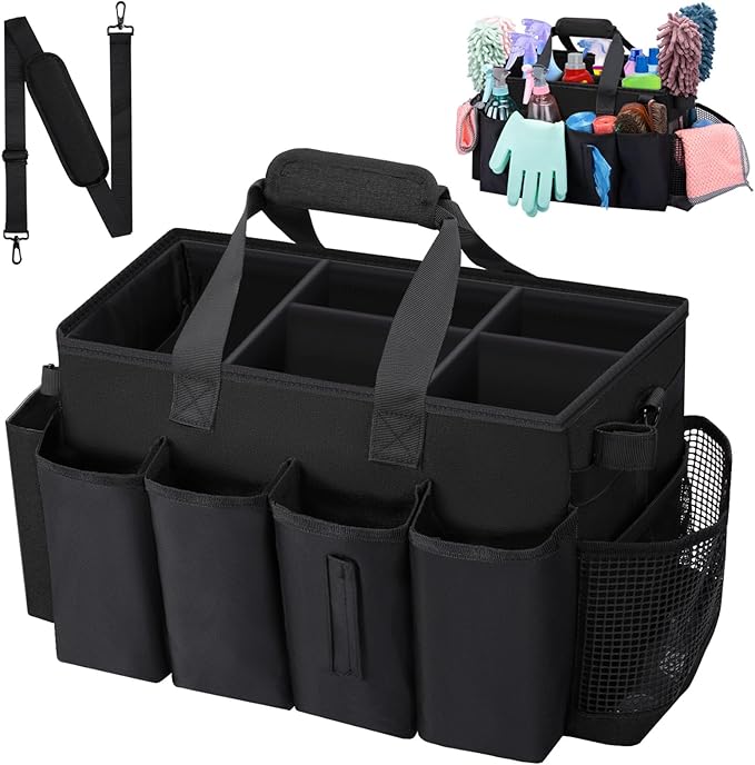 Wearable Large Cleaning Caddy Bag for Housekeepers (Black) | Cleaning Supplies Organizer with Adjustable Shoulder, Waist & Handle Straps, Detailing Bag for Kitchen Supplies
