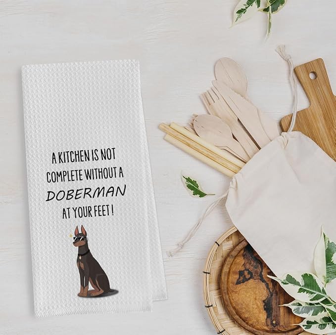 Funny Doberman Dish Towels - Decorative Waffle Weave Kitchen Hand Towels, Doberman Gifts Tea Towel (1624 Inches)
