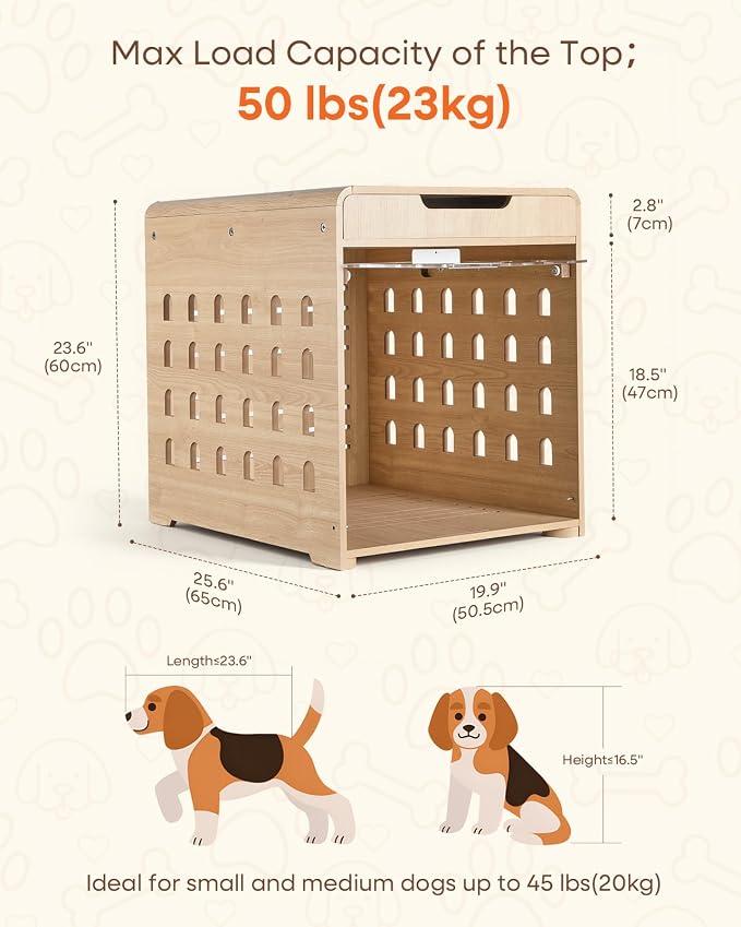 Upgraded Modern Dog Crate Furniture with Charging Station Medium Kennel Indoor with Flip-up Hidden Acrylic Door for Small and Medium Breeds up to 50lb Wood Pet End Side Table Cage, Oak