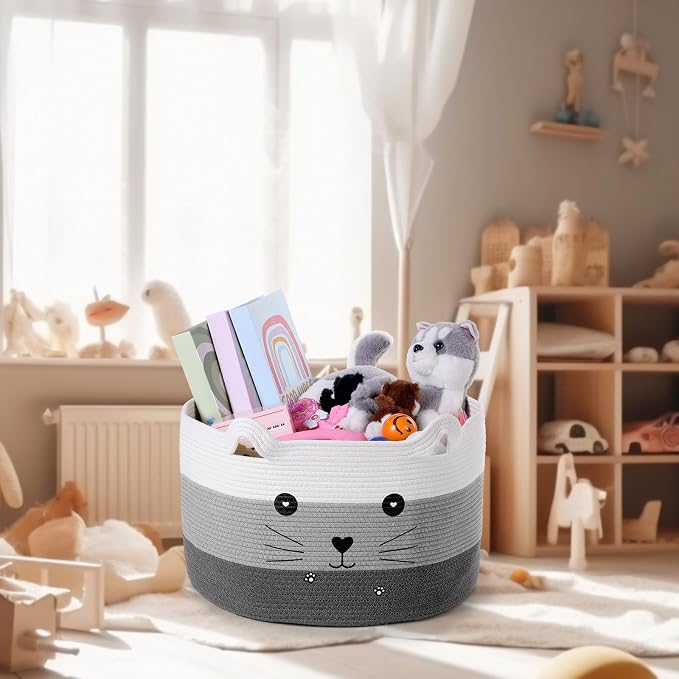 Zopeal Cat Woven Gift Basket Storage,21.7 x 13.8 Inch,Dark Gradient | Cute Cotton Rope Organizer with Handles for Toy Box, Nursery Decor, Decorative Bin, Pet Supplies Holder, Desk Storage