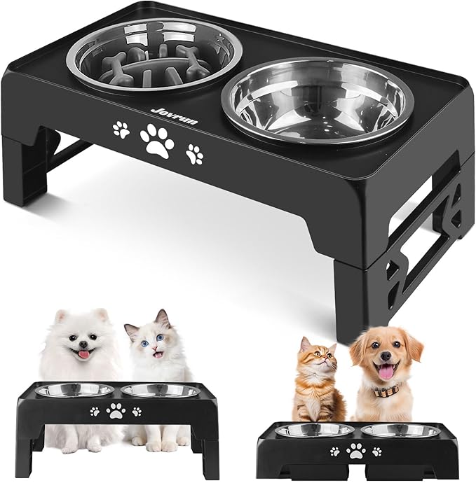 Jovrun Elevated Dog Bowls for Small Dogs and Cats, Non-Slip Cat Bowls with 1*Stainless Steel Dishes & 1*Slow Feeder Bowl, Dog Feeder 2 Heights Adjustable to 2.6"-5.3"