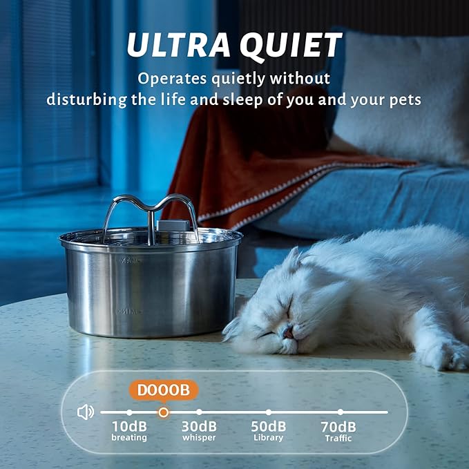 DOOOB Cat Water Fountain, 3.2L/108OZ Stainless Steel Cat Water Fountain, Automatic Metal Dog Water Fountains Water Bowl with Ultra-Quiet Pump and 1 Filter & 1 Sponge