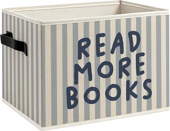 Reading Room Book Foldable Storage Bins Box with Handles, Read More Books Blue Striped Decorative Storage Boxes Baskets Toybox Organizer for Library Reading Nook Corner Room Classroom