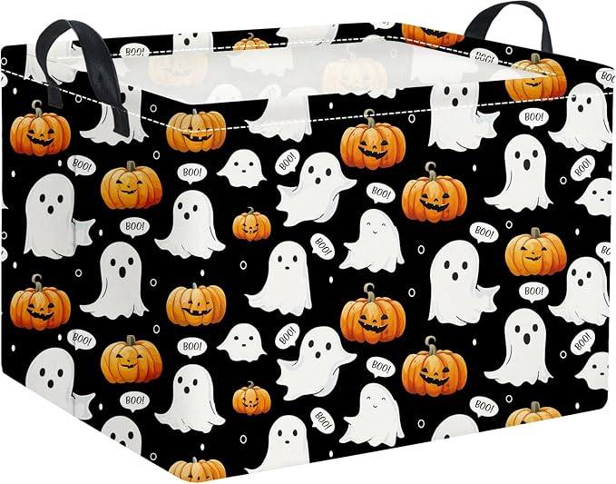 Halloween Basket Cute Baskets for Kids Pumpkin Basket Rectangular Storage Bin Organizer Box Room Decor(Black Ghost Pumpkin)