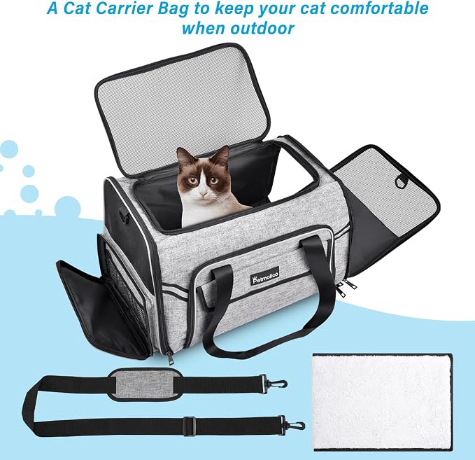 Petmolico Cat Carrier Soft-Sided Airline Approved, Medium, Grey-X862 | For small/medium cats & puppies up to 16 lbs, 3 open doors, travel-friendly pet bag