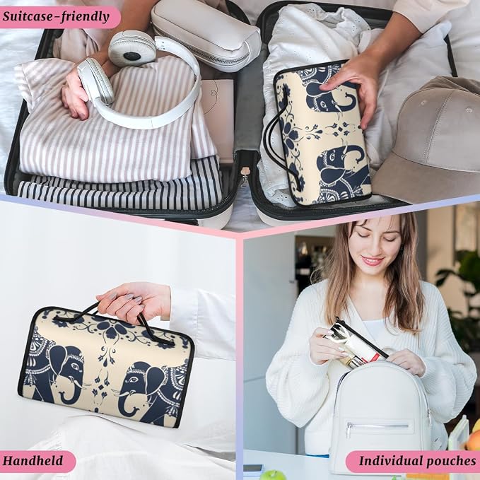 Elephant Makeup Bag for Women Hanging Roll-Up Travel Organizer Toiletry Kit with 4 Removable Compartments, Animal Print