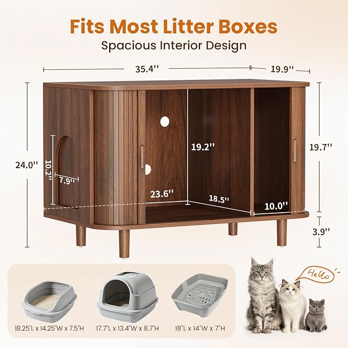 Snughome Cat Litter Box Enclosure, 35.4'' Hidden Litter Box Furniture with Sliding Door, Modern Hidden Litter Box Cabinet, Wooden Indoor Cat House, TV Stand, Side End Table for Living Room, Walnut