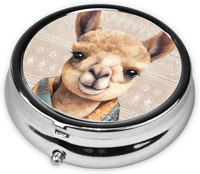 Boho Alpaca Animal Pattern Brown Portable Pill Organizer | 3 Compartment, With Mirror, For Men Women, For Daily Supplements, Vitamins, Fish Oil, Jewelry, Candy, Travel