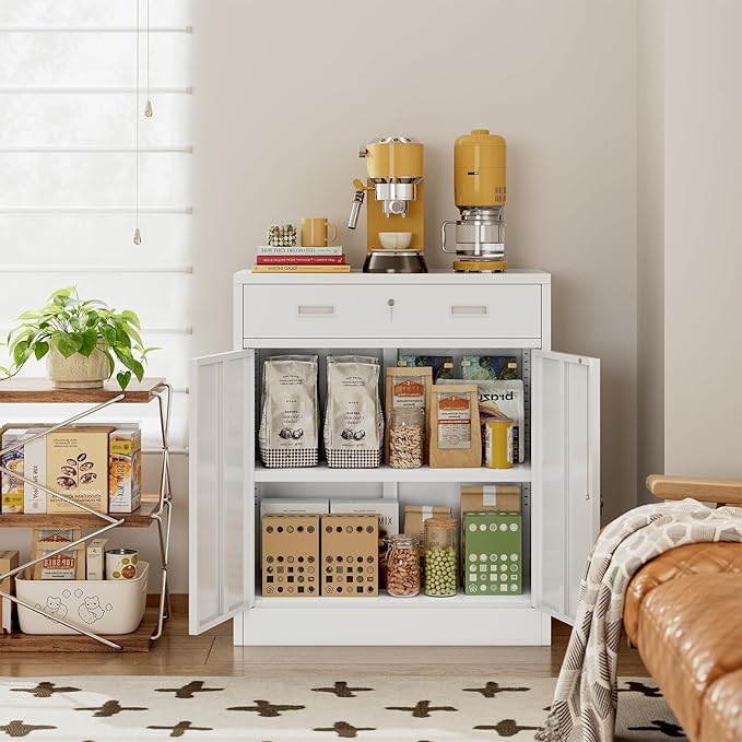 CJF Metal Storage Cabinet, Locking Storage Cabinet with 1 Drawer and Adjustable Shelf, 36" H x 28" W x 16" D White Metal Cabinets for Office, Home, Garage
