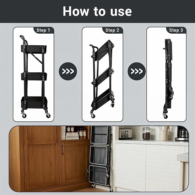 Amatic 3 Tier Foldable Rolling Cart with Wheels, Folding Utility Cart Organizer, Collapsible Rolling Storage Cart with 3 Hanging Cups & 6 Hooks for Kitchen, Office, Nursery(Black)