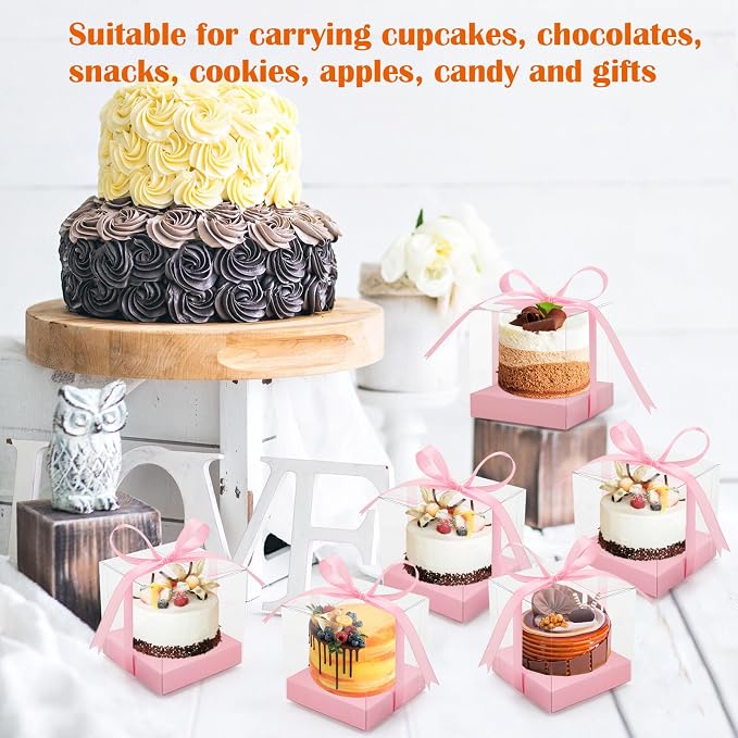 12 PCS Clear Cupcake Boxes 3.5 Inch Cupcake Containers (Pink) | Disposable Cupcake Carrier Plastic Individual Cupcake Storage Holder with Ribbons and Inserts for Wedding, Birthday Party