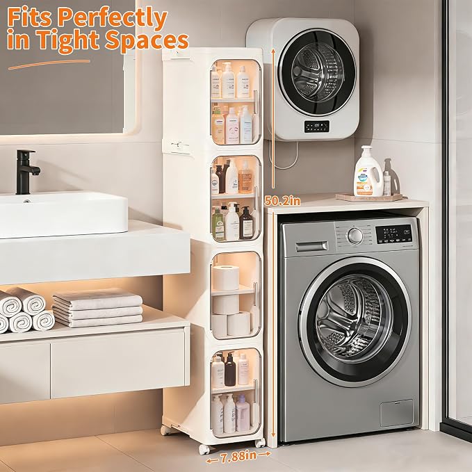4-Tier Slim Bathroom Storage Cabinet, Tall Narrow Storage Cabinet with Movable Wheels, Adjustable Shelves, Skinny Bathroom Storage Organizer for Small Space, Bathroom, Kitchen, Laundry, Cream White