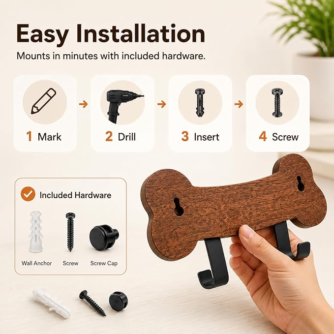 Personalized Dog Leash Holder for Wall, Custom Pet Name Bone Wall Hook with Double Metal Hooks, Wooden Dog Leash Organizer for Collar, Harness & Keys, Pet Lover Gift for Dog Owners