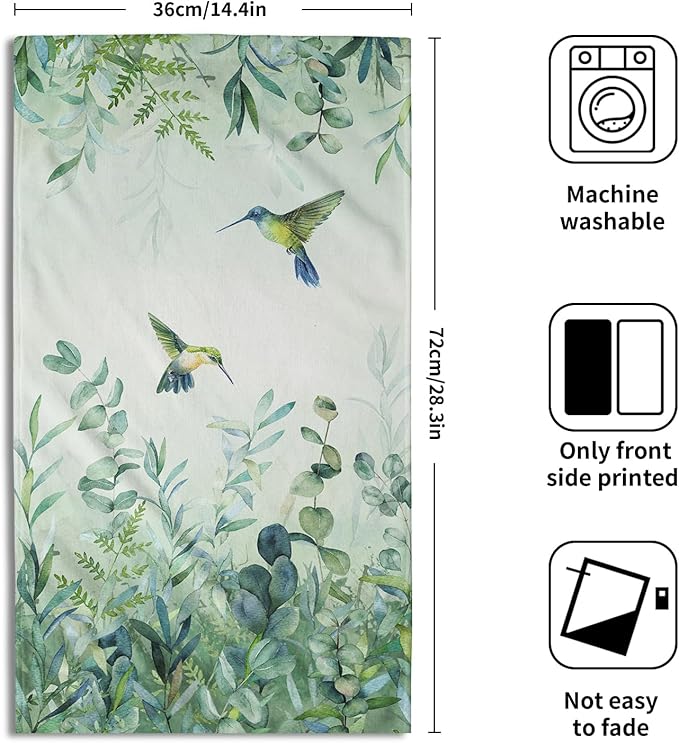 Giwawa Sage Green Leaves Hand Towels Eucalyptus Hummingbird Bird Kitchen Dish Towel Set of 2 Soft Guest Face Towel Spring Summer Home Decorations