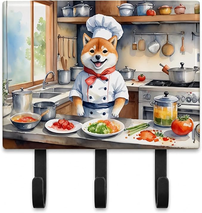 Caroline's Treasures Shiba Inu The Chef Leash or Key Holder Wall Hooks, Key Hooks Holder, Coat Rack Wall Mount, Coat Hooks, Hooks for Hanging Keys, Towels, Aprons, Leashes | Shiba Inu The Chef artwork on ceramic tile with three steel hooks for keys, le...