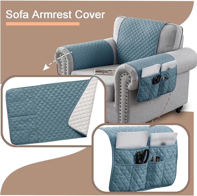 Water-Resistant Sofa Armrest and Headrest Covers with Side Pocket | Keep remotes close quilted polyester helps guard against wear, pet scratches, and kids' messes silicone backing adds grip