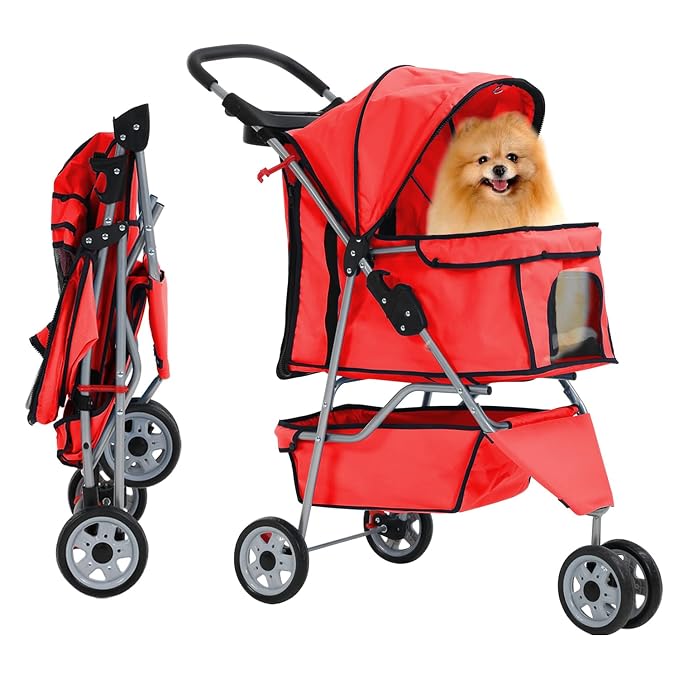 Redcat 3-Wheel Folding Dog & Cat Stroller - Waterproof, Cup Holder & Removable Liner, Medium & Small Pets