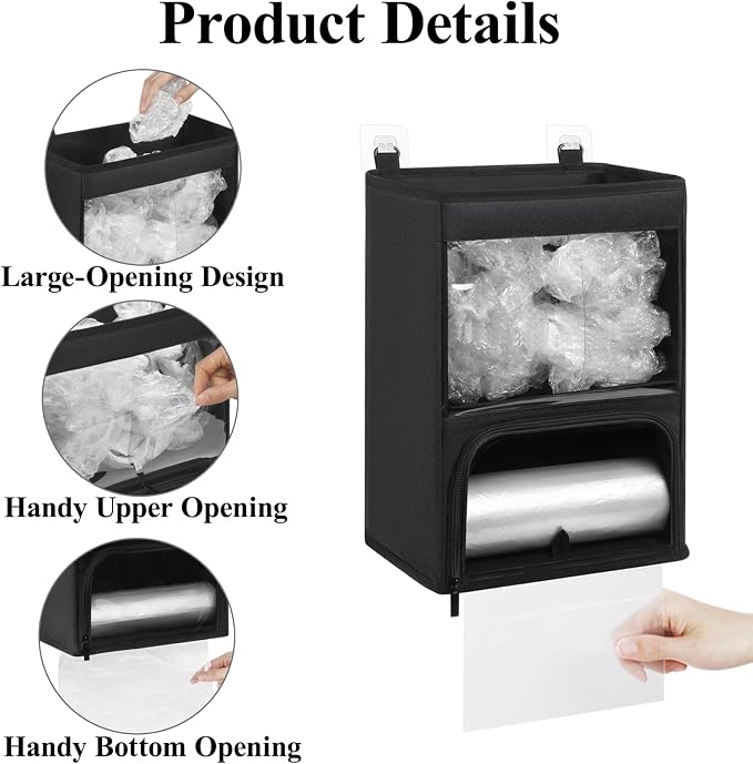 2-in-1 Plastic Bag Holder with Clear Window, Large Grocery Bag Holder and garbage bag dispenser with Easy-Access Openings, Trash bag organizer for Kitchen RV Cabinet Wall Mounted (Black）