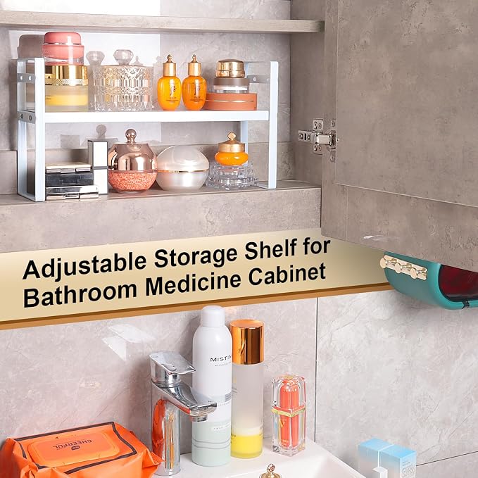 Small Expandable Medicine Cabinet Shelf, 3.58” Wide Metal Storage Stand with Adjustable Layers & Non-Slip Pads for Kitchen, Pantry, & Bathroom – White