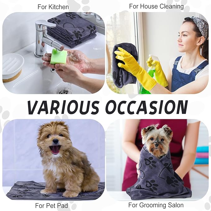 Fanfanwin 4 Pcs Dog Bath Towels Microfiber Drying Dog Towel Absorbent Pet Heart Paw Towels for Medium Dogs Puppy Cats Pets Shower(Gray)