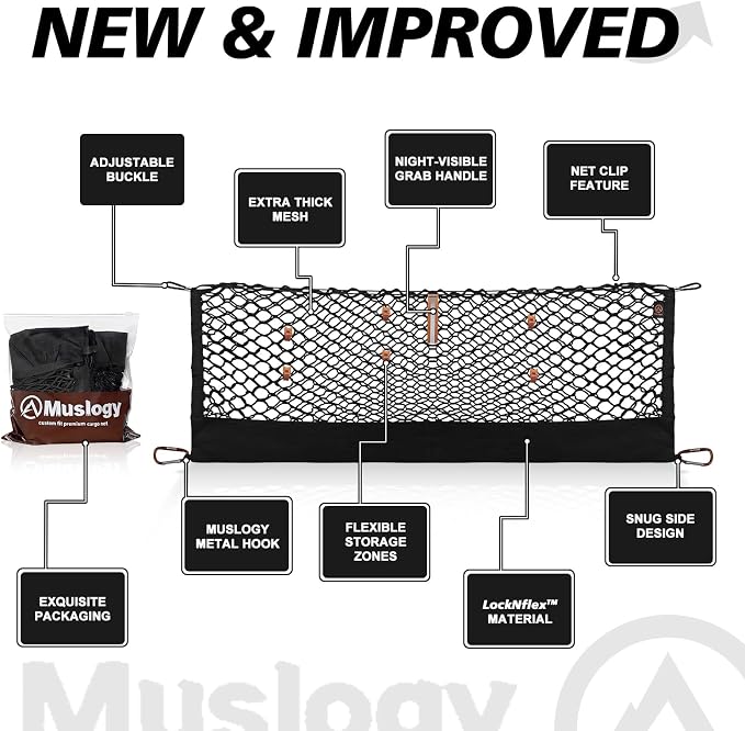 Muslogy Cargo Net for 2026 Toyota RAV4 Accessories | Custom Fit, Trunk Storage Organizer Net for SUV Sedan Van Divider, with Heavy Duty Carabiners, Night Visible Grab Handle
