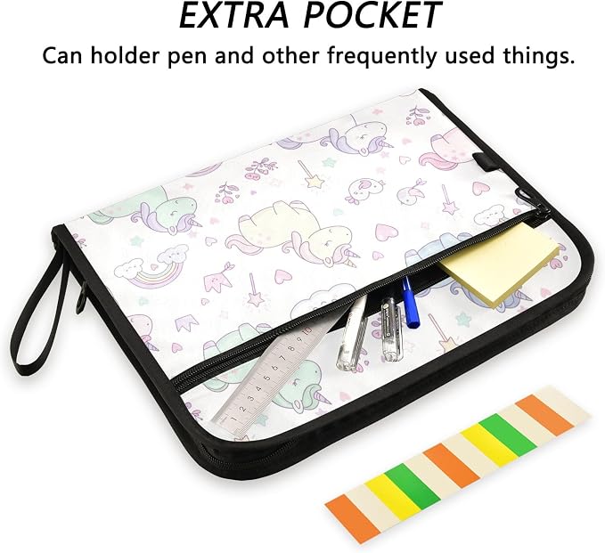 Fairy Tale Unicorns Expanding File Folder with Sticky Labels, 13 Pockets Accordion File Folder Document Organizer Expandable Zip File Folder with Zipper Closure