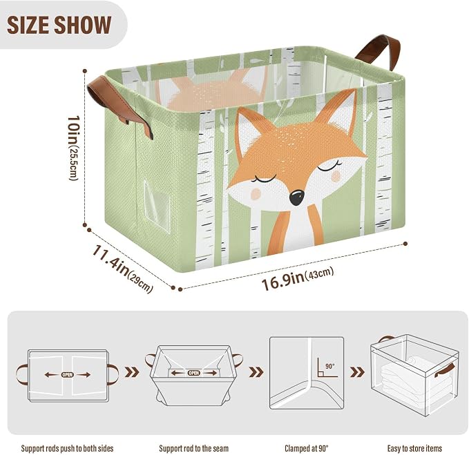 Woodland Cute Cartoon Fox Baby Storage Basket with Labels&Handles Forest Animal Nursery Storage Bins Collapsible Shelf Organizer Baskets for Kids Books Cloth Gift Basket Toys Laundry, 2 Pack