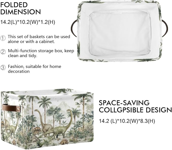 Dinosaur Palm Trees White Rectangular Storage Bin Basket with Handles - Organizer Bin for Books Clothes Laundry Basket for Pets Playroom