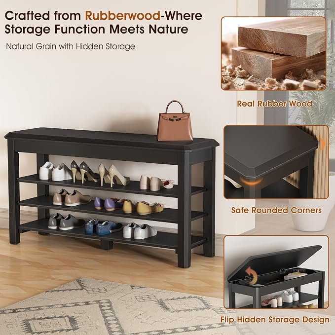 IUNVR Shoe Rack Bench Seat Rubberwood 3-Tier Wooden Storage Bench 550lbs Compact Mid-Century Modern Design for Entryway, Hallway, Closet, Front Door Entrance, Foyer