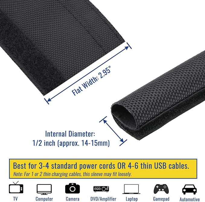 1/2" - 6.6 Ft Dog/Cat Cord Protector, Hook and Loop Cable Sleeve | Cable management sleeve; Reversible, flexible & cuttable; Split wire wrap for TV, USB, audio, computer and automotive; Black