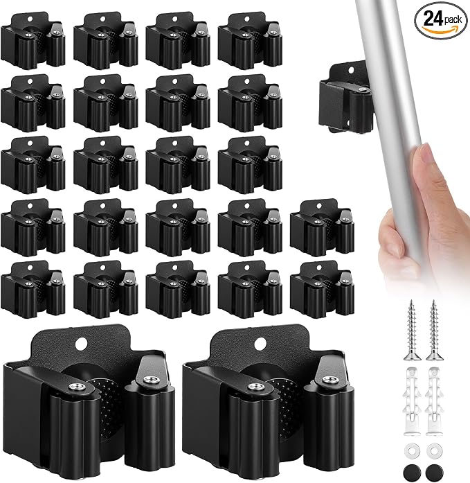 24 PCS Heavy Duty Broom Holder Wall Mount, Stainless Steel Broom Hanger Wall Mount with Screws - Black Mop & Garden Tool Organizer Rack for Garage, Kitchen, Laundry Room Storage