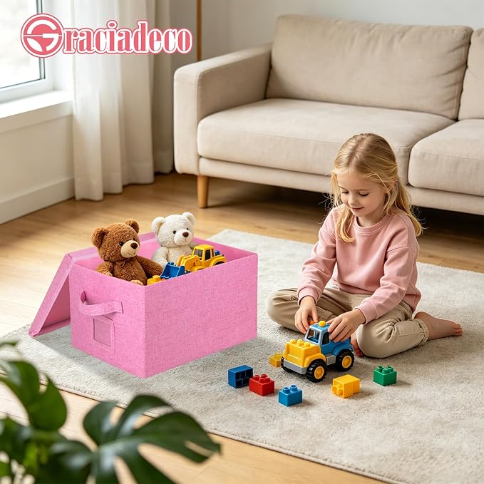 Storage Bins With Lids Closet Organizer Cabinet Box For Clothes,Toys,Shelf | 2 Pack, 17"X 12"X 2", Collapsible, Stackable, Dustproof, Built-In Handle, Label Slot, Linen Fabric, Cardboards, Pink