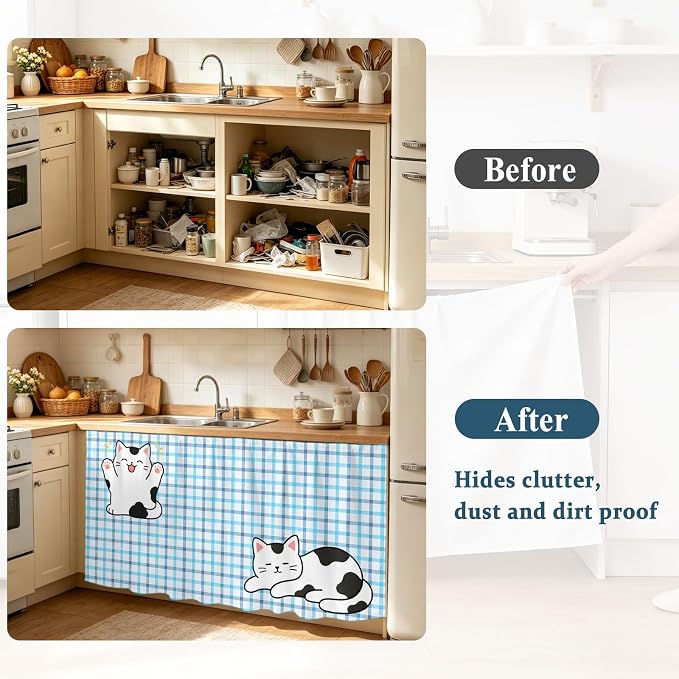 Cute Cat Sink Skirt for Bathroom, Self-Adhesive Under Sink Curtain, Blue Purple Checked Modern Pet Cats Rustic Hide Pipes & Storage Fabric Cabinet Skirt Cover for Kitchen Laundry 32"x55"